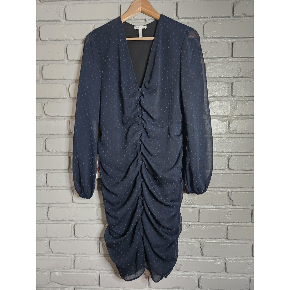Leith Women's Dress Large Polka Dot Shirred Blue Long Sleeve V Neck Knee Length